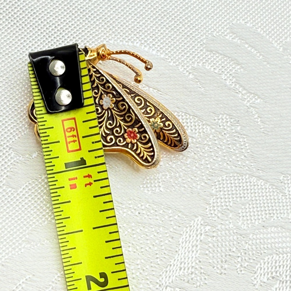 Vintage Ornate Damascene Style Black and Gold Tone Butterfly Insect Brooch Pin - Picture 4 of 6